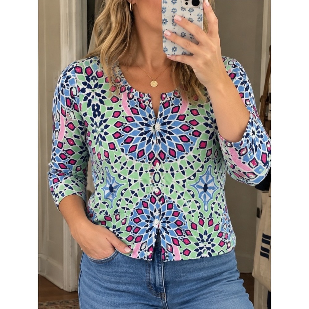 Talbots Cardigan Sweater Petite S Blue Green Geometric Print Button Front
